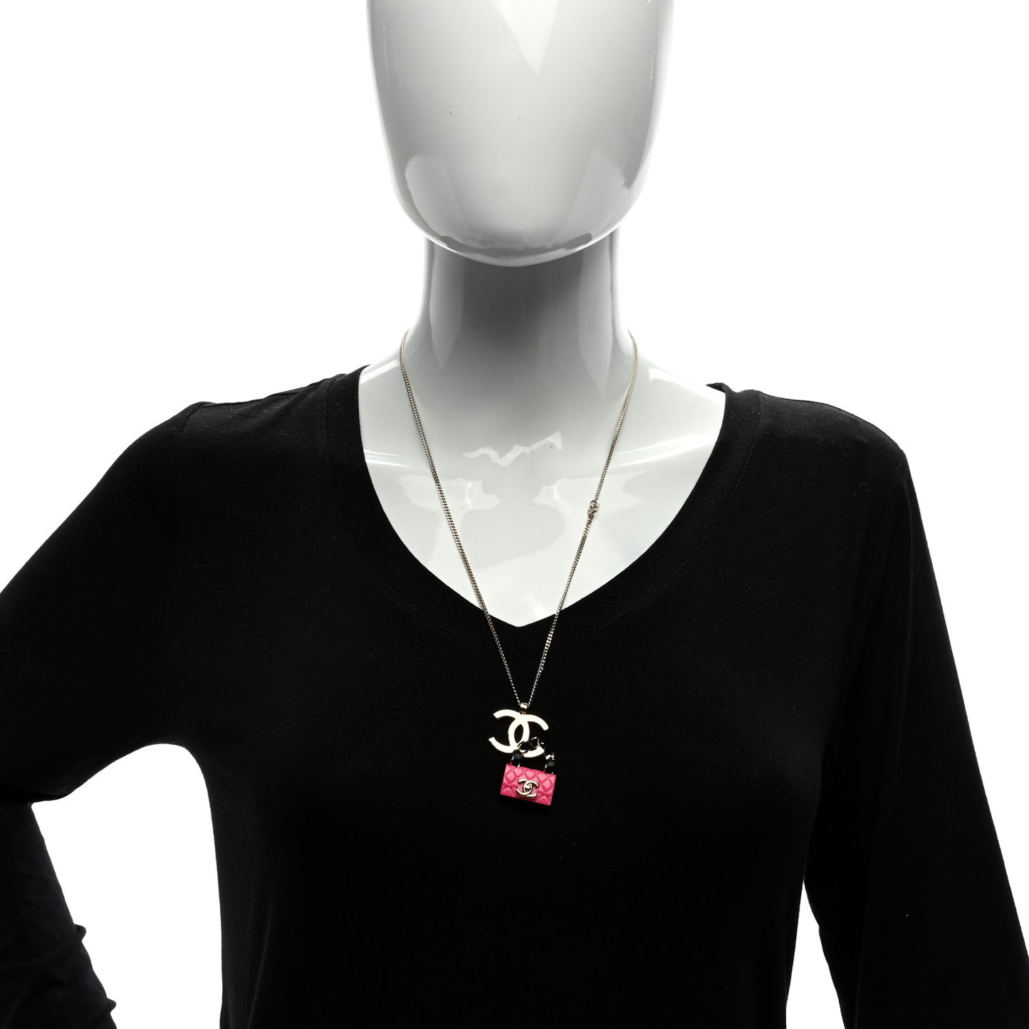 Metal Lambskin Resin CC Flap Bag Necklace Gold Black Pink