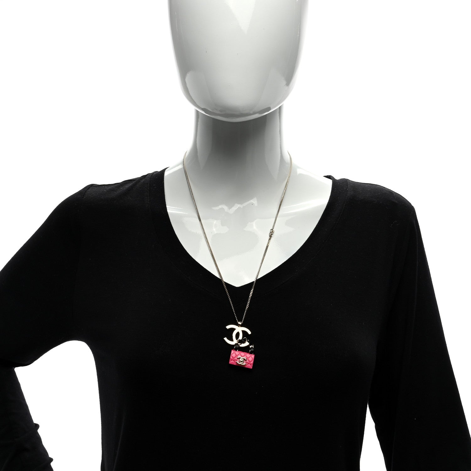Chanel Metal Lambskin Resin CC Flap Bag Necklace Gold Black Pink 4 of 4