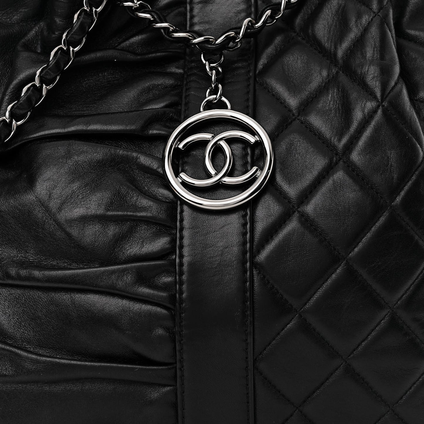 Lambskin Quilted Pile Ou Face Drawstring Bag Black