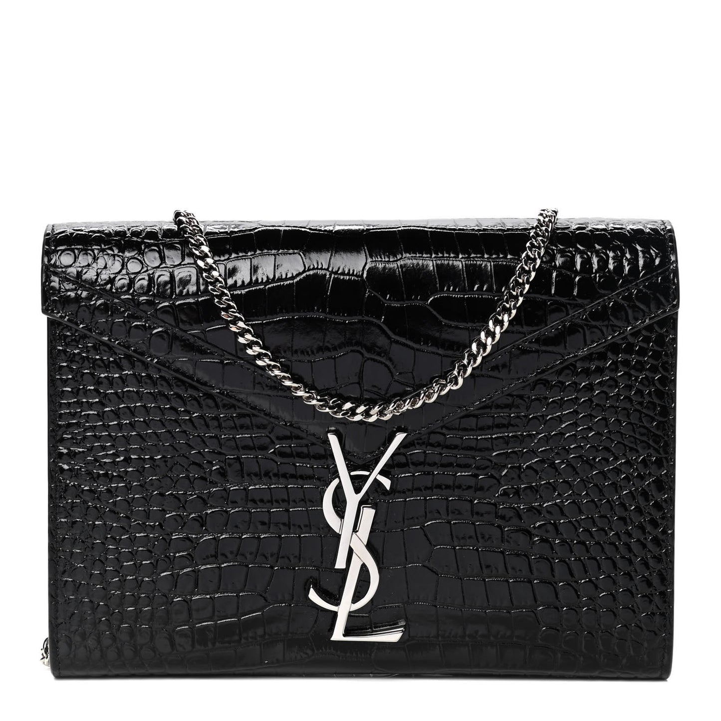 Patent Calfskin Crocodile Embossed Monogram Cassandra Chain Wallet Black