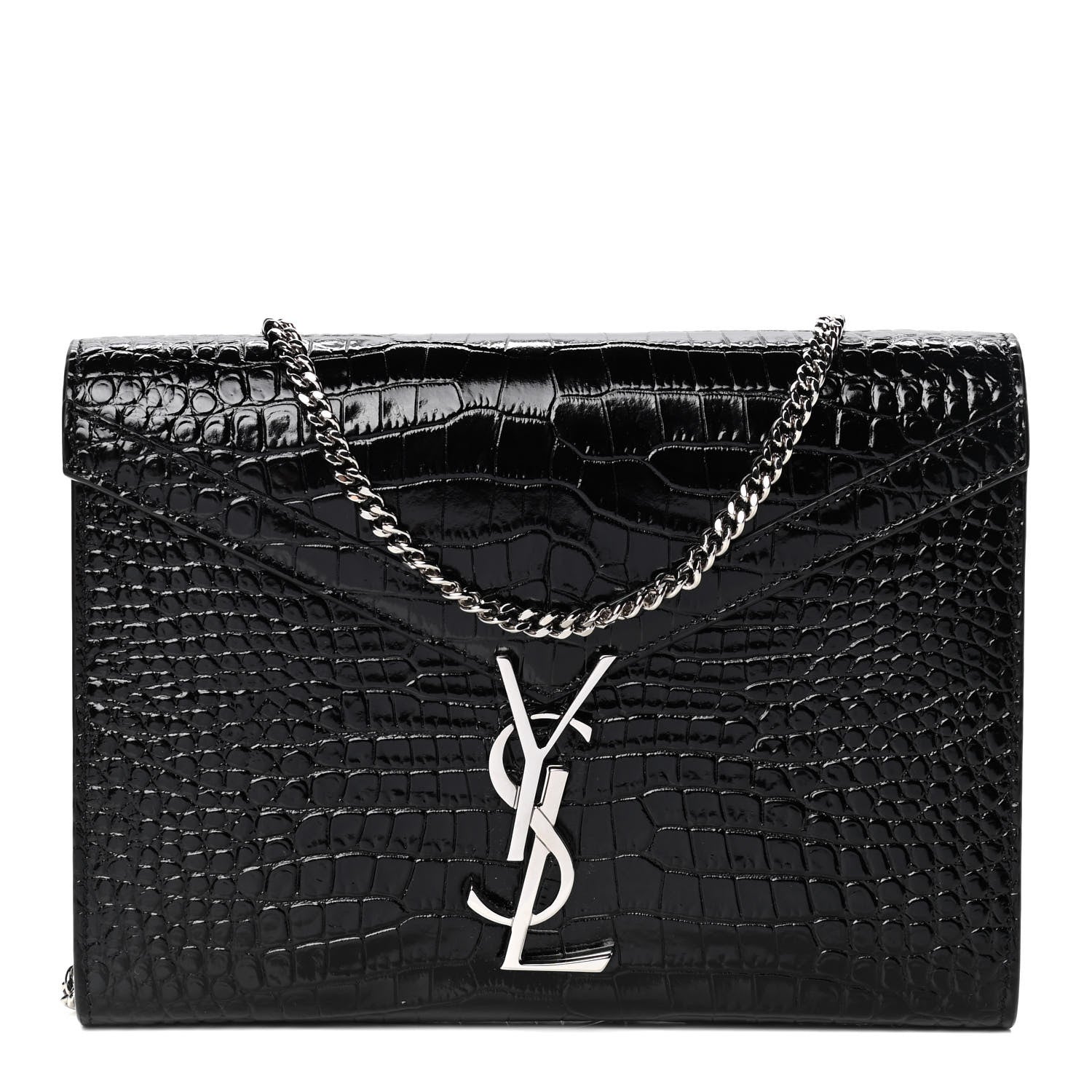 Saint Laurent Patent Calfskin Crocodile Embossed Monogram Cassandra Chain Wallet Black 1 of 4