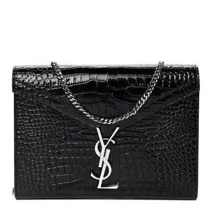 Saint Laurent Patent Calfskin Crocodile Embossed Monogram Cassandra Chain Wallet Black 1 of 4