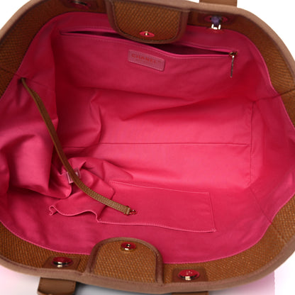Chanel Straw Raffia Calfskin Striped Large Deauville Tote Dark Beige Fuchsia Navy Blue 4 of 10
