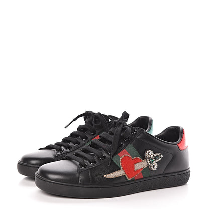 Gucci Calfskin Ayers Web Pierced Heart Embroidered Ace Sneakers 36.5 Black 3 of 9
