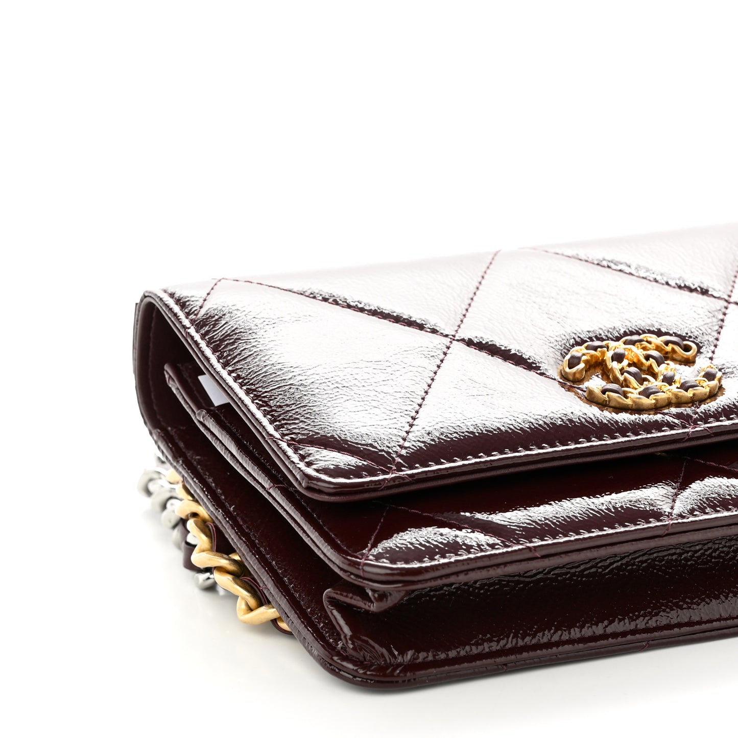 Shiny Crumpled Calfskin Quilted Chanel 19 Wallet On Chain WOC Burgundy