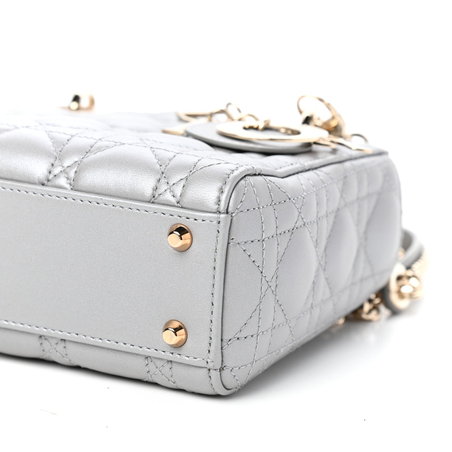 Metallic Lambskin Cannage Mini Lady Dior Grey
