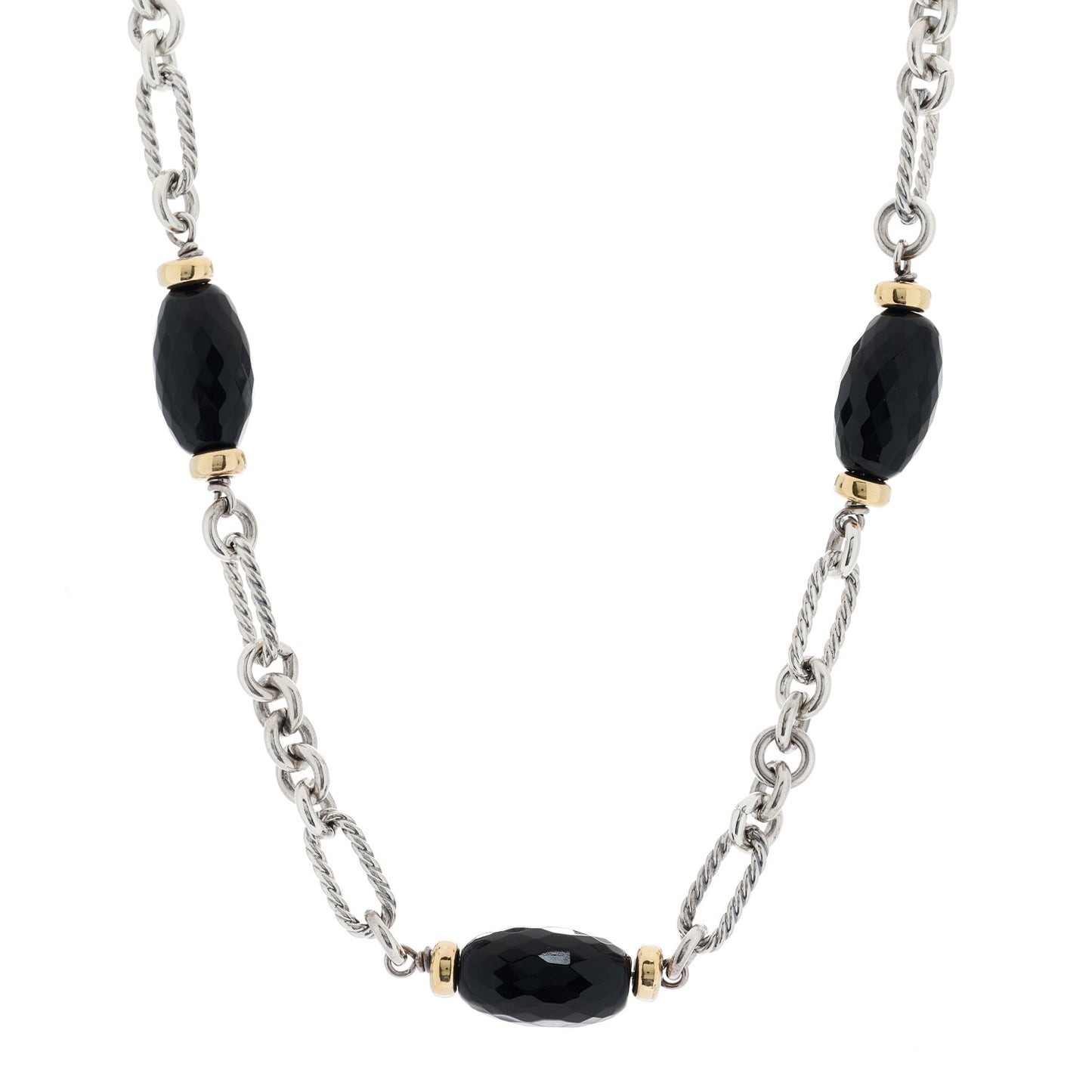 Sterling Silver 18K Yellow Gold Black Onyx Figaro Chain Necklace