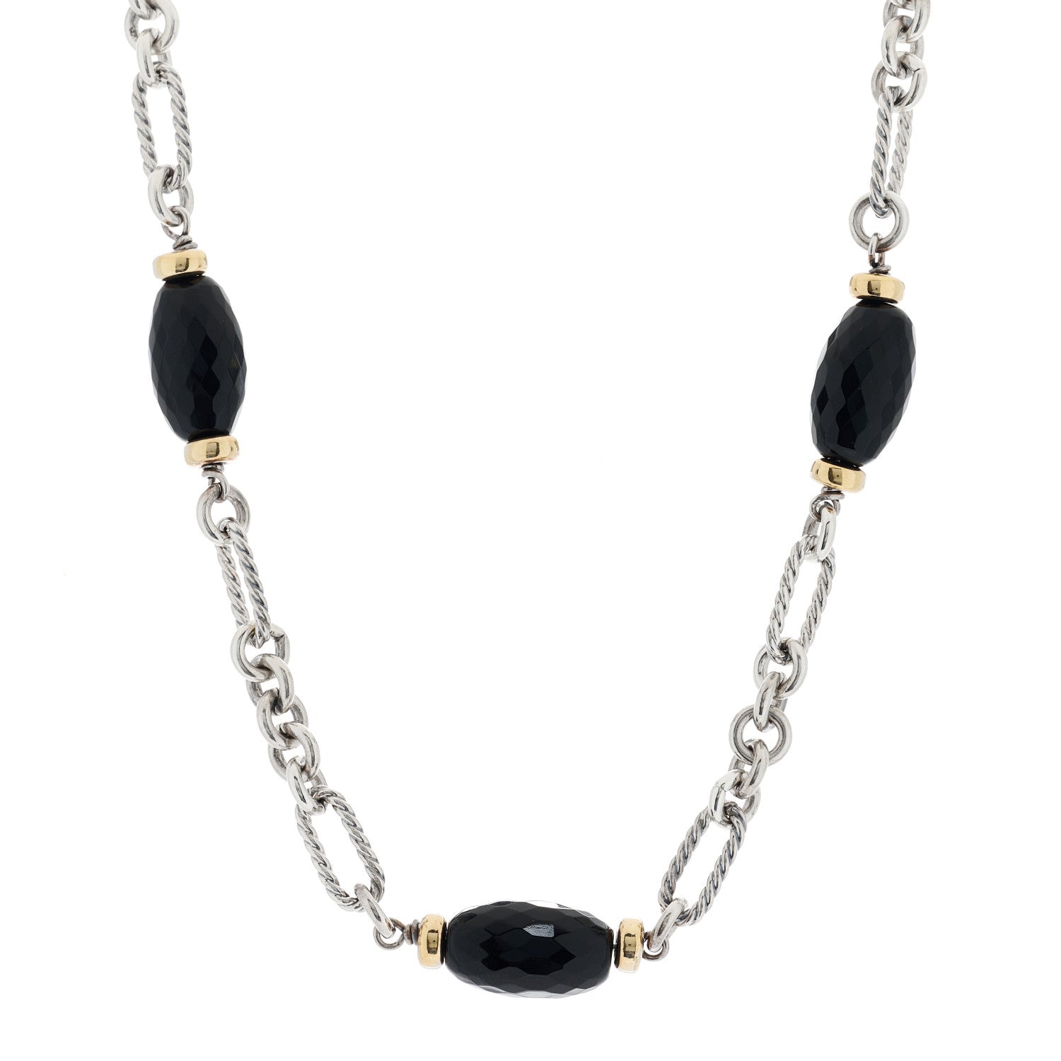 David Yurman Sterling Silver 18K Yellow Gold Black Onyx Figaro Chain Necklace 1 of 3