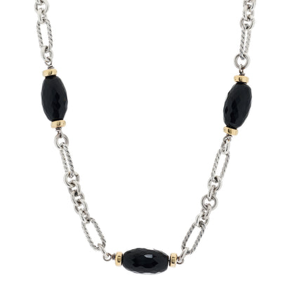 David Yurman Sterling Silver 18K Yellow Gold Black Onyx Figaro Chain Necklace 1 of 3