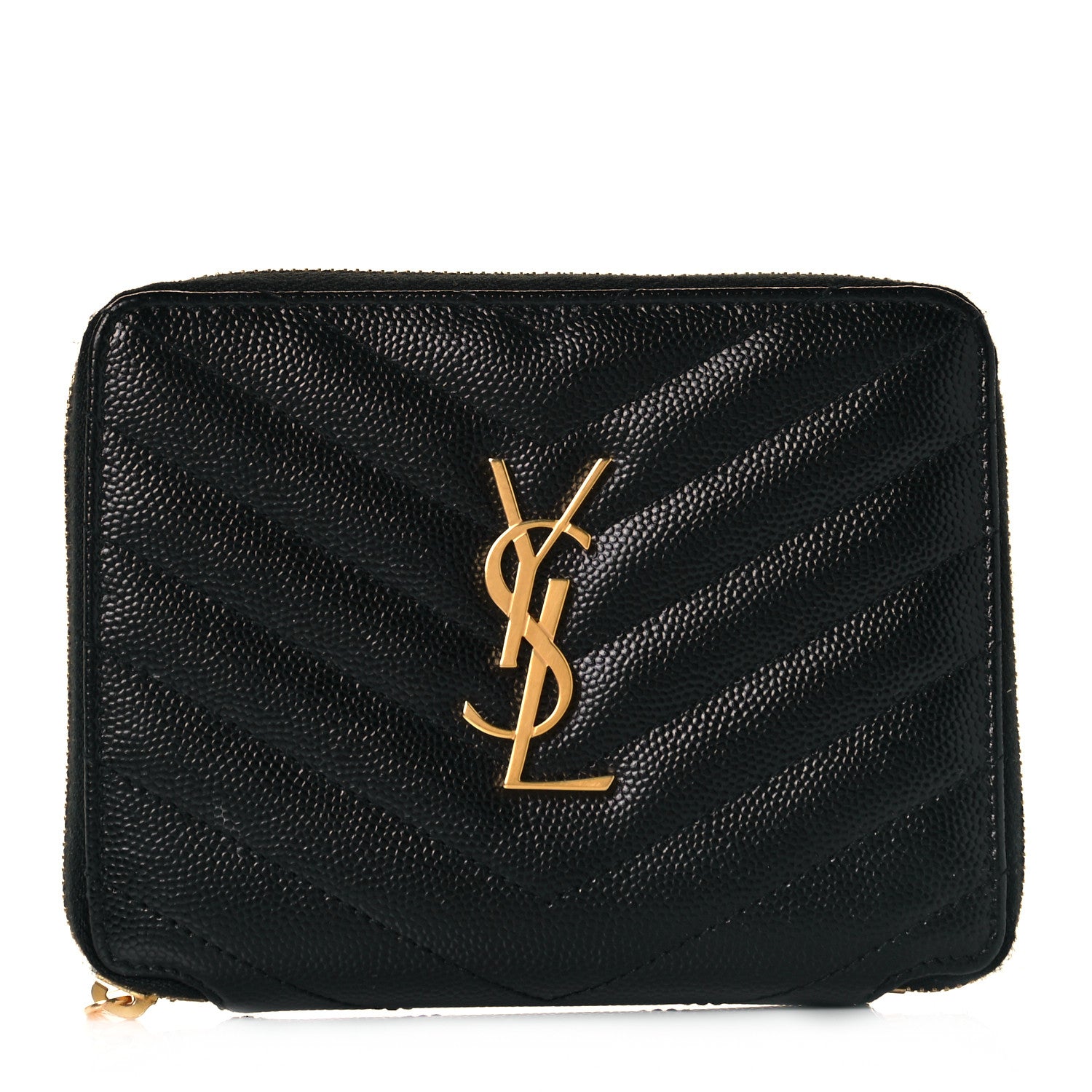 Saint Laurent Grain De Poudre Matelasse Chevron Monogram Compact Zip Around Wallet Black 1 of 9