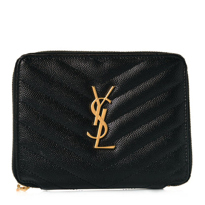 Saint Laurent Grain De Poudre Matelasse Chevron Monogram Compact Zip Around Wallet Black 1 of 9