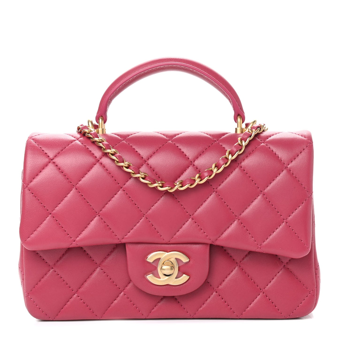 Lambskin Quilted Mini Top Handle Rectangular Flap Dark Pink