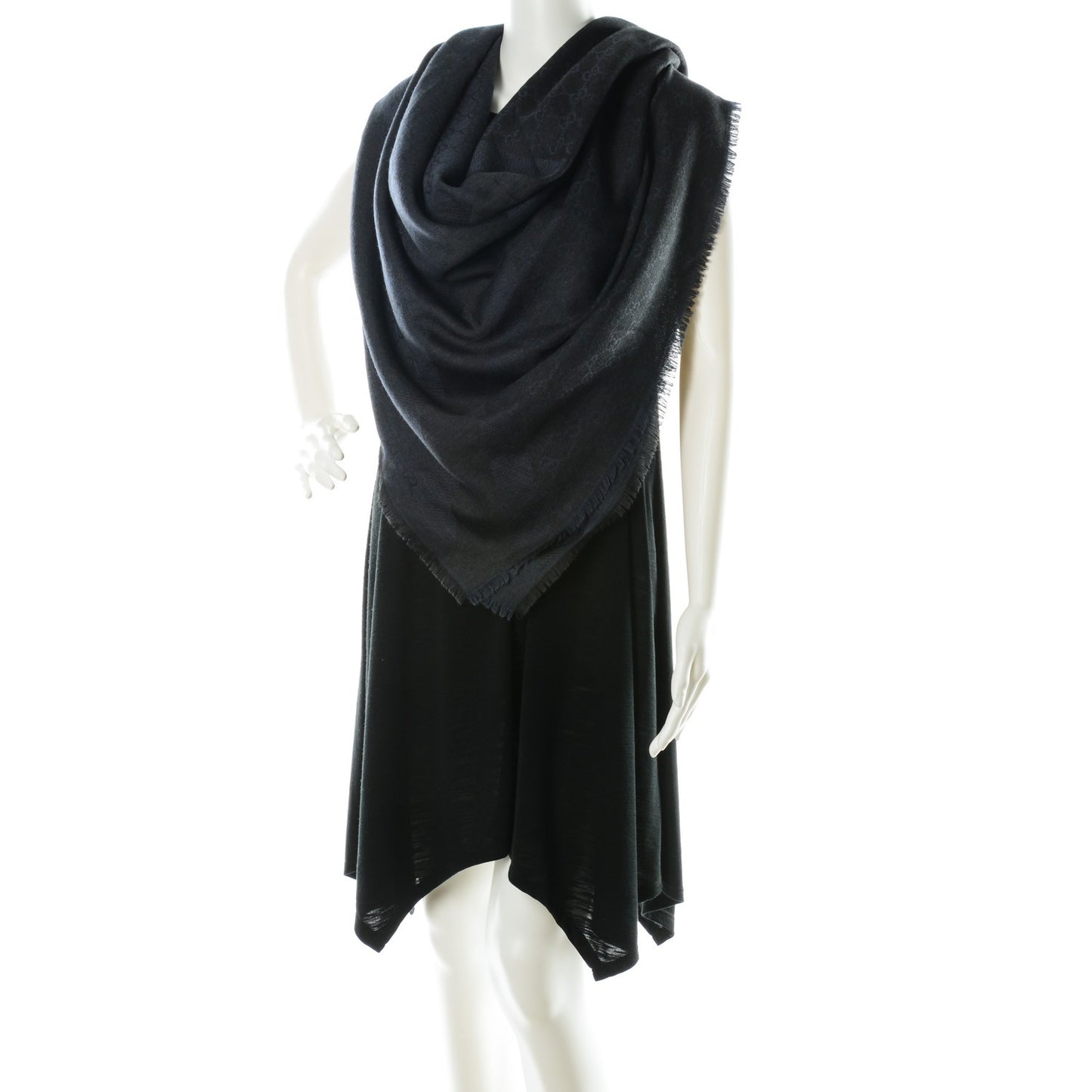 Wool Silk Monogram GGWeb Fringe Shawl Anthracite Blue