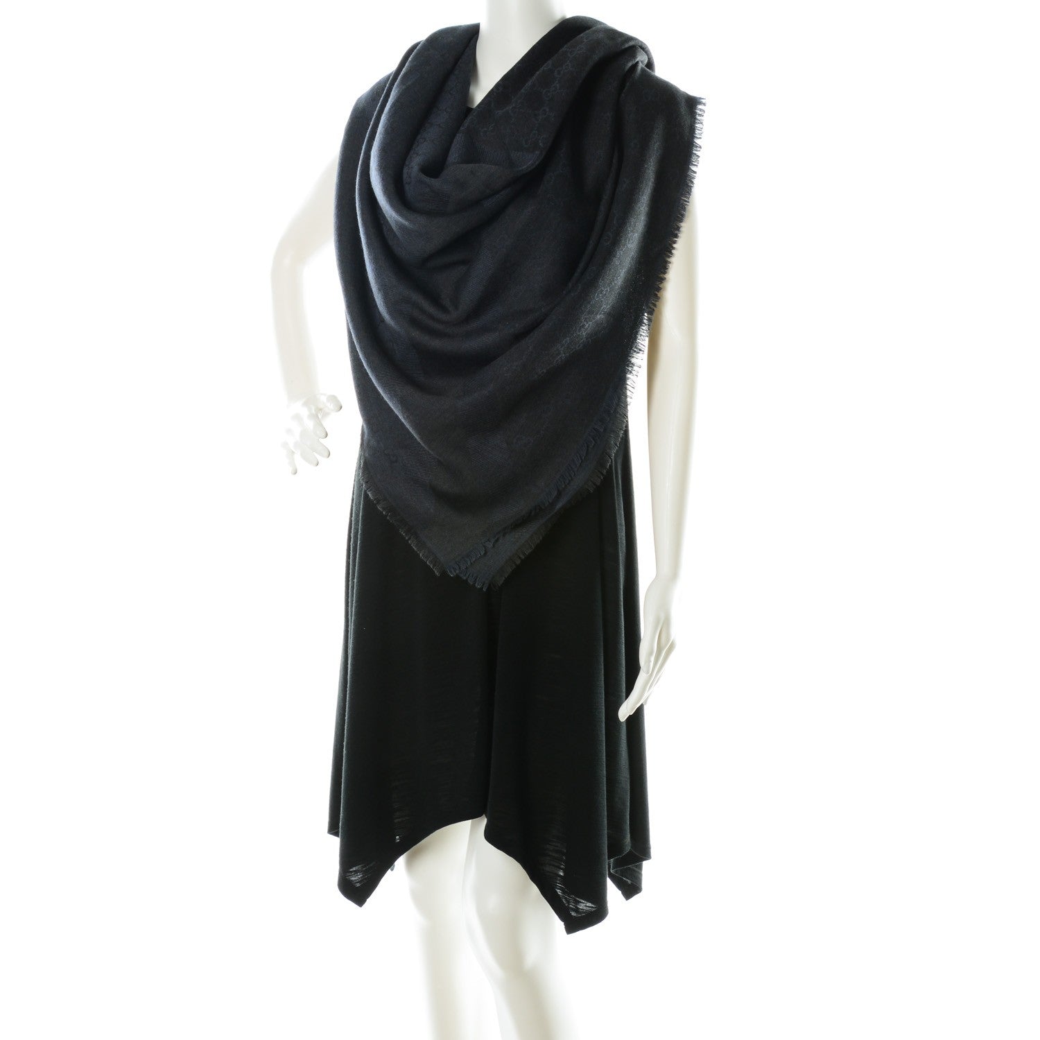 Gucci Wool Silk Monogram GGWeb Fringe Shawl Anthracite Blue 2 of 4