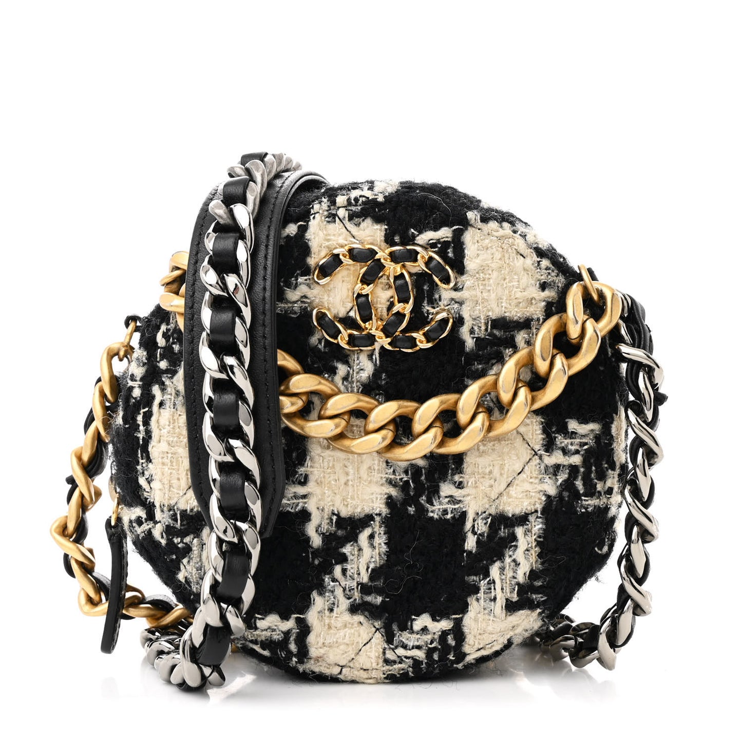 Wool Tweed Lambskin Quilted Chanel 19 Round Clutch With Chain and Coin Purse Black White