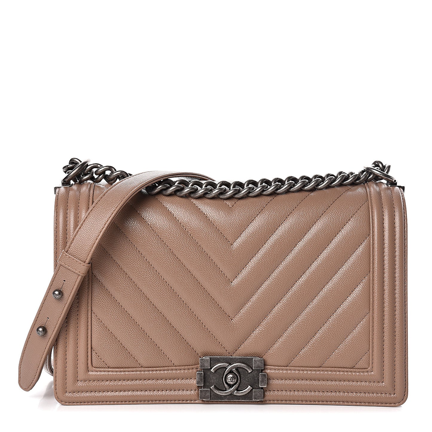 Caviar Chevron New Medium Boy Flap Dark Beige