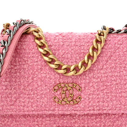 Chanel Wool Tweed Lambskin Quilted Chanel 19 Wallet On Chain WOC Pink 9 of 13