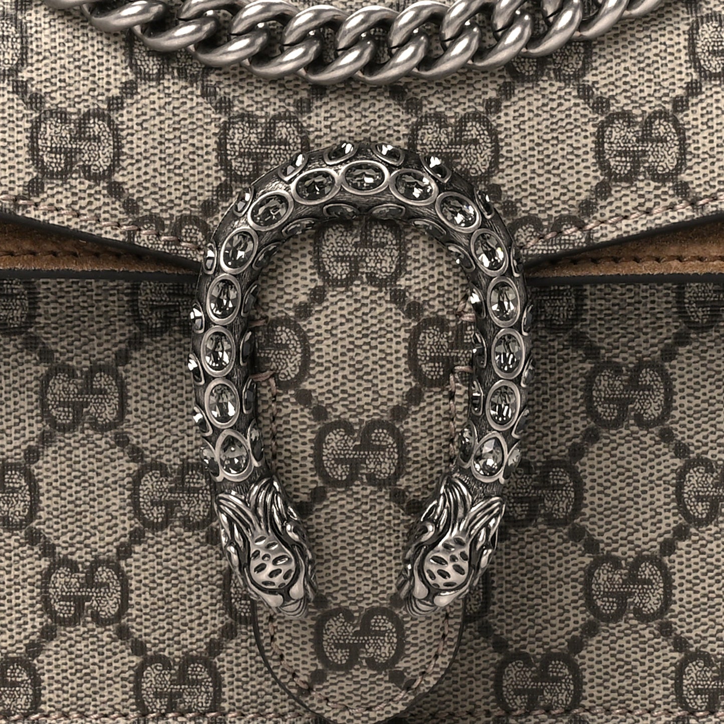 GG Supreme Monogram Suede Crystal Small Dionysus Shoulder Bag Beige Ebony Taupe