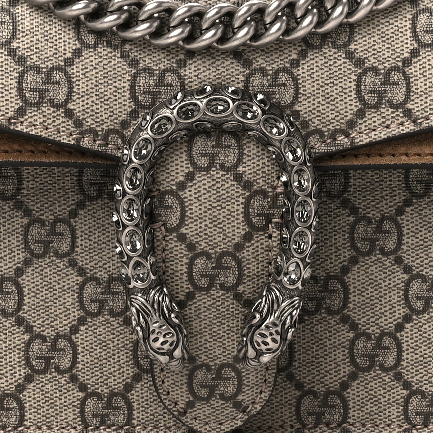 Gucci GG Supreme Monogram Suede Crystal Small Dionysus Shoulder Bag Beige Ebony Taupe 8 of 14