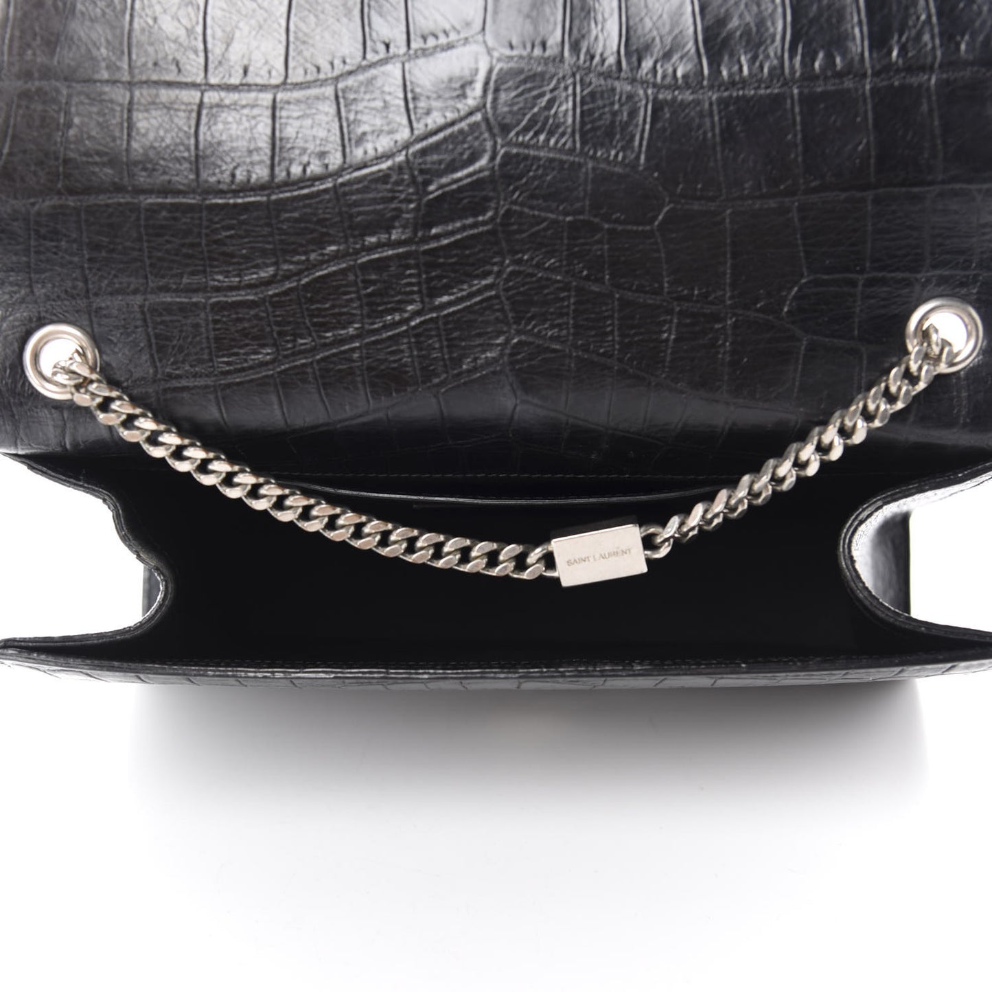 Calfskin Crocodile Embossed Medium Classic Monogram Kate Tassel Satchel Black