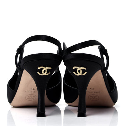 Chanel Satin Grosgrain Cap Toe CC Pointed Toe Slingback Pumps 37 Black 4 of 6