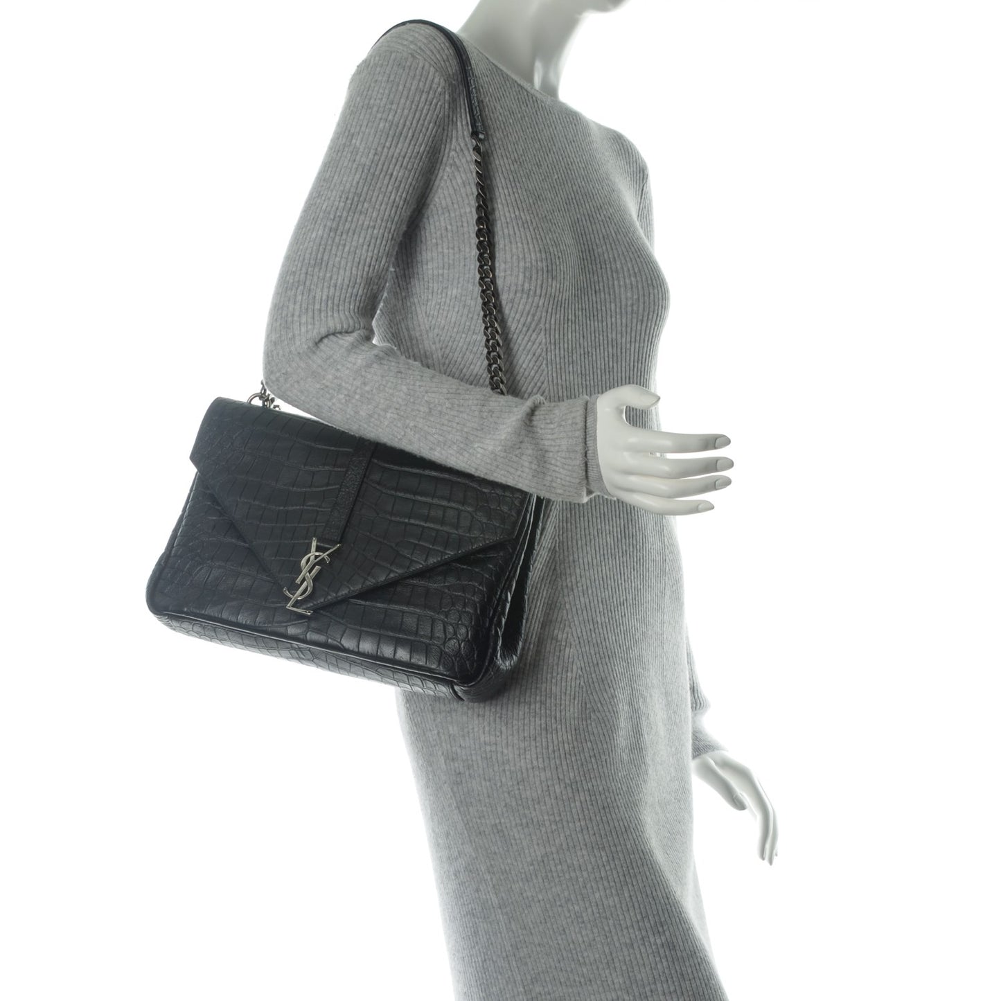 Calfskin Crocodile Embossed Monogram Large College Satchel Black