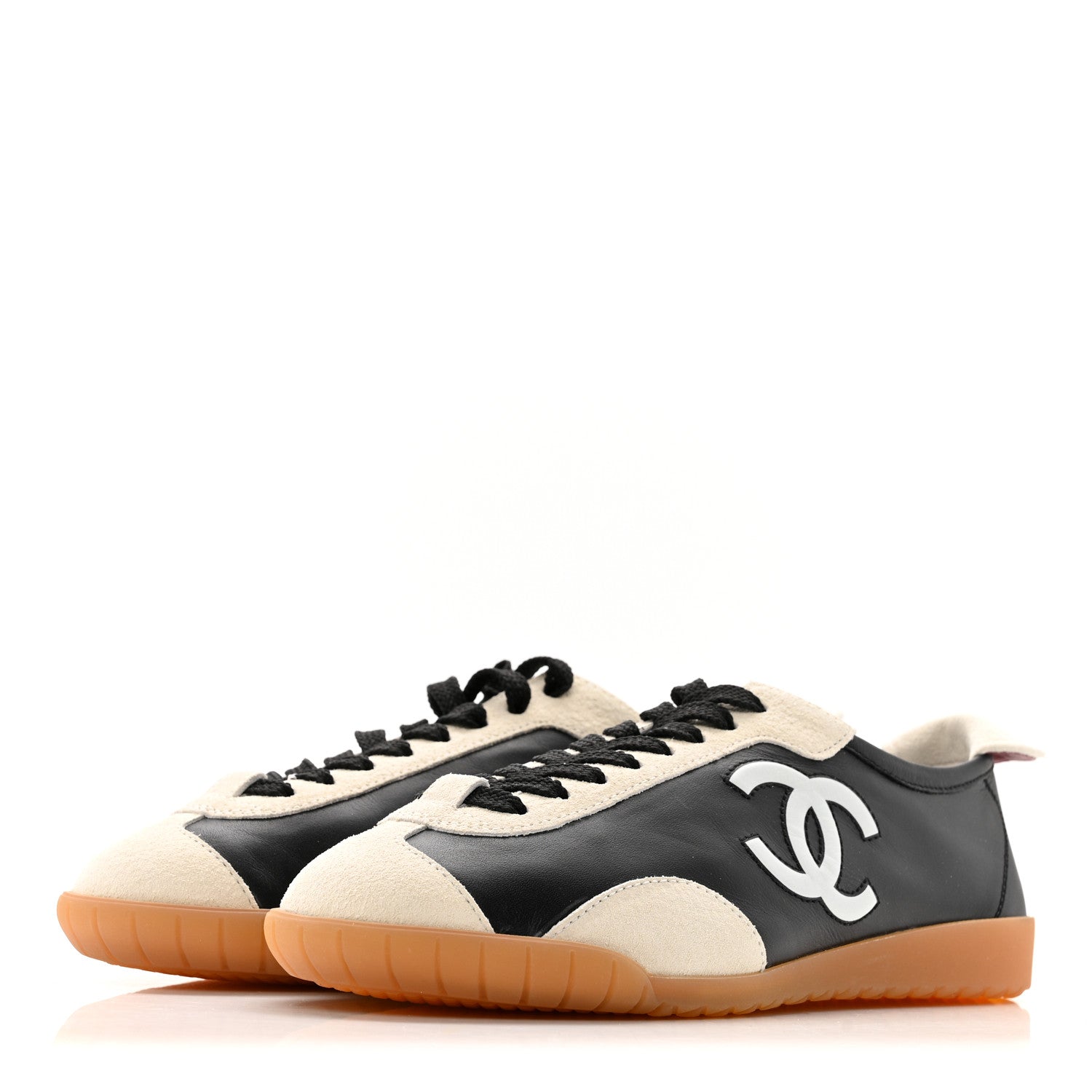 Chanel Calfskin Embossed Suede Womens CC Sneakers 36 Black White