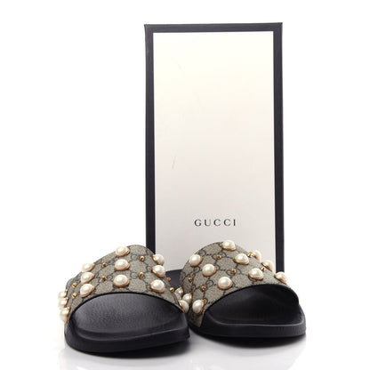 Gucci GG Supreme Monogram Pearls Slide Sandals 42 Beige 10 of 10