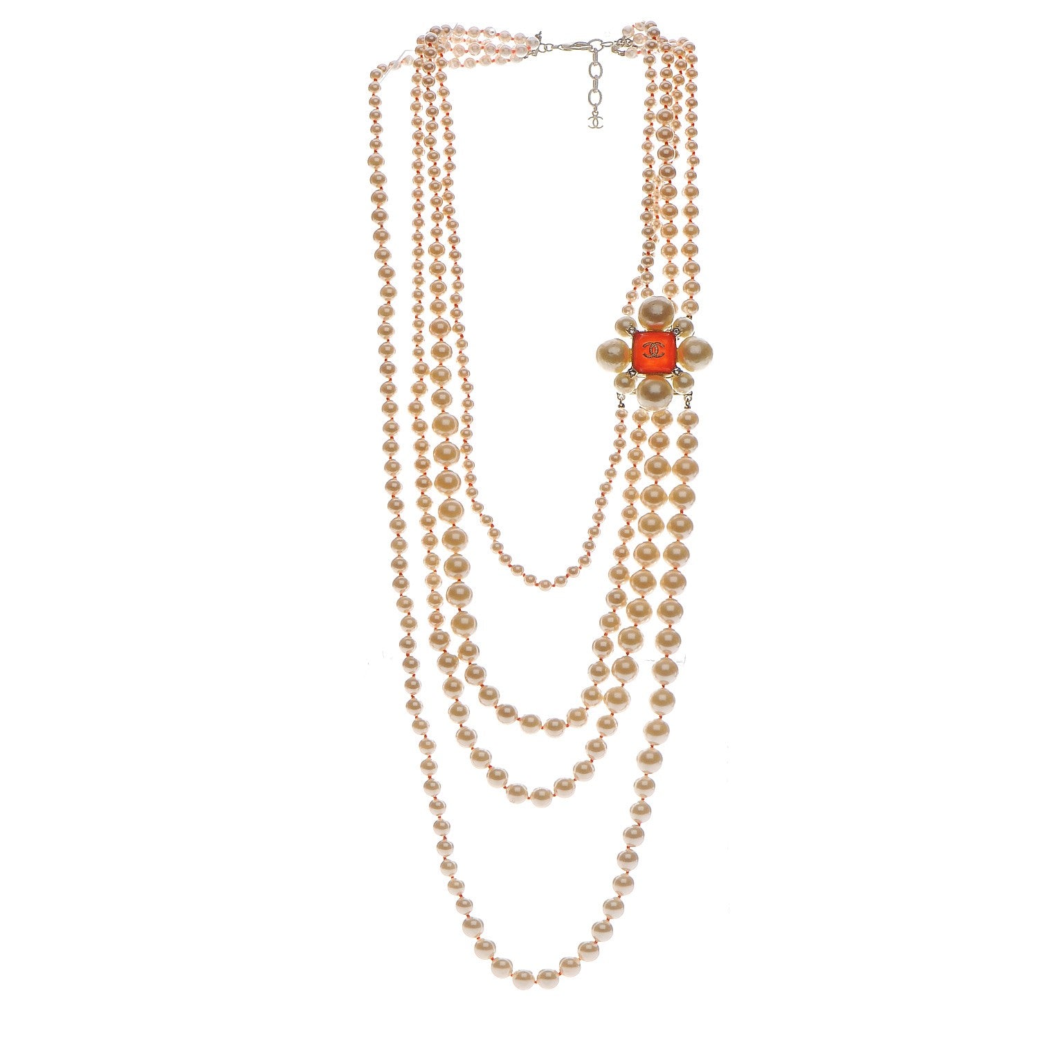 Chanel Pearl Crystal Gripoix CC Multi Strand Necklace Orange Gold 3 of 7
