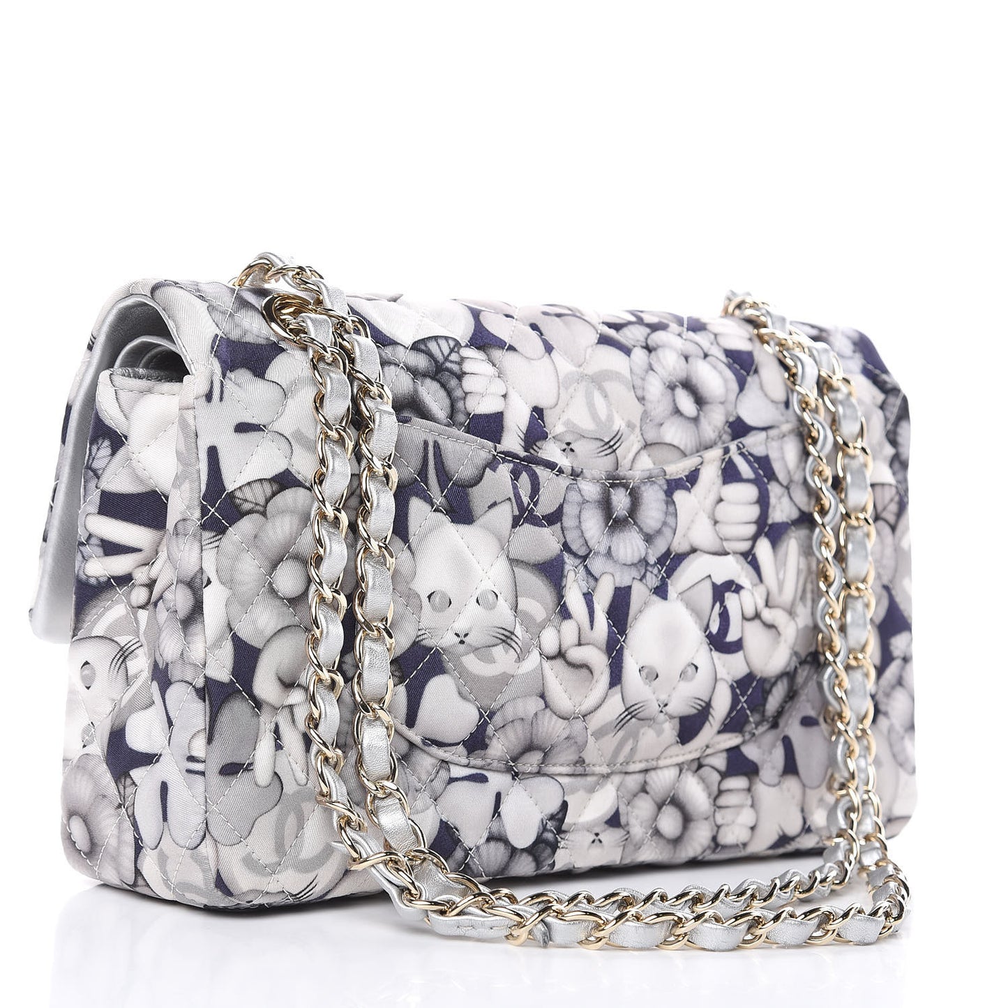 Nylon Quilted Medium Cat Emoticon Double Flap Navy Grey Ecru
