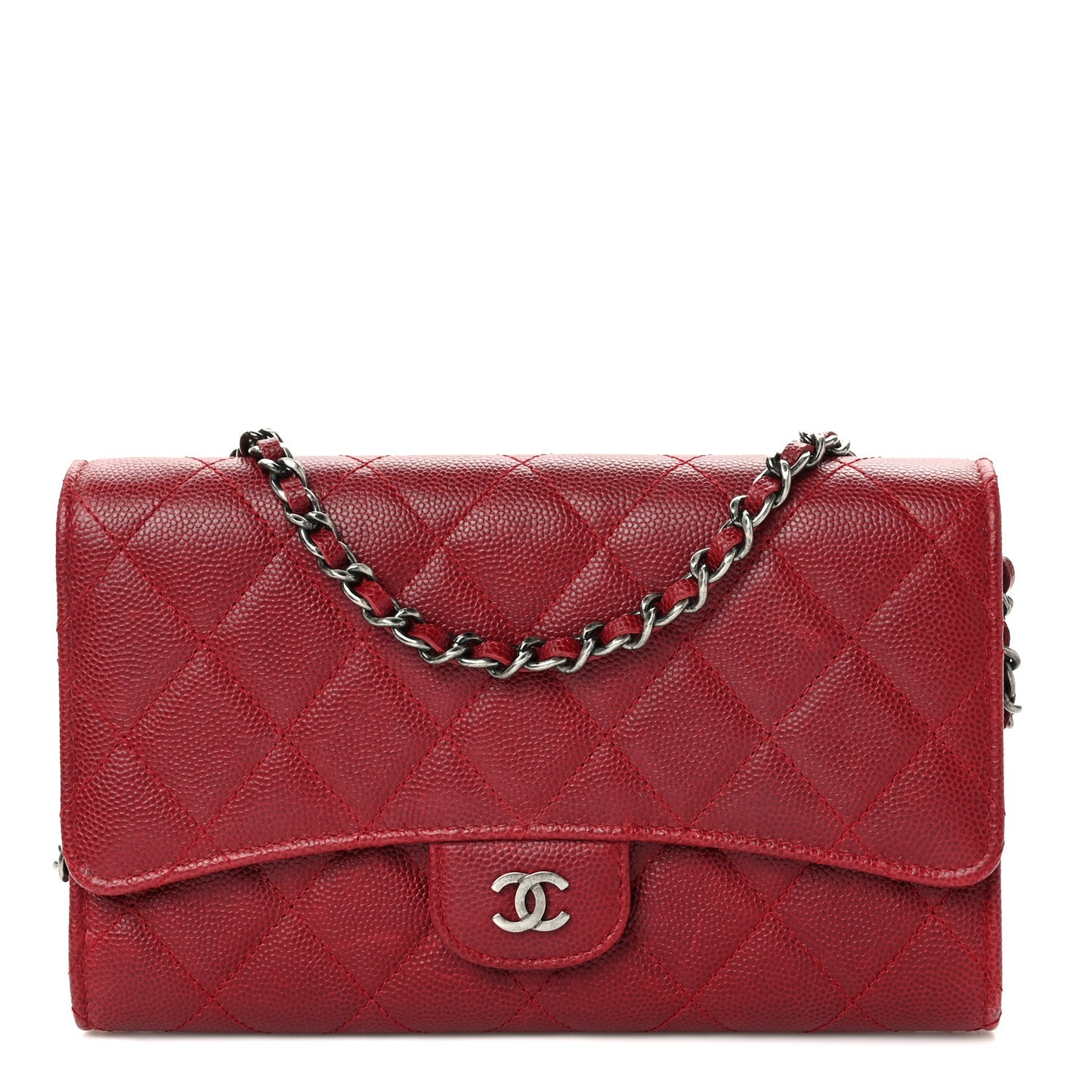 Caviar Quilted Wallet on Removable Chain Red