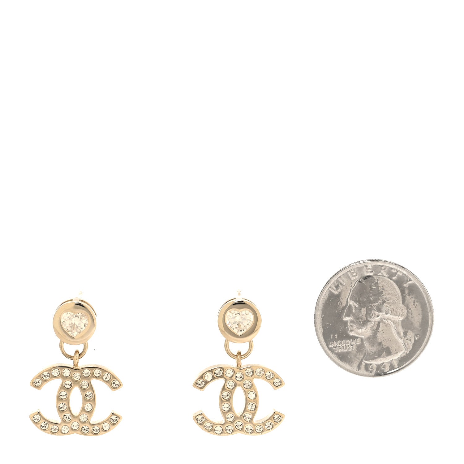 Chanel Crystal CC Heart Drop Earrings Gold 2 of 5