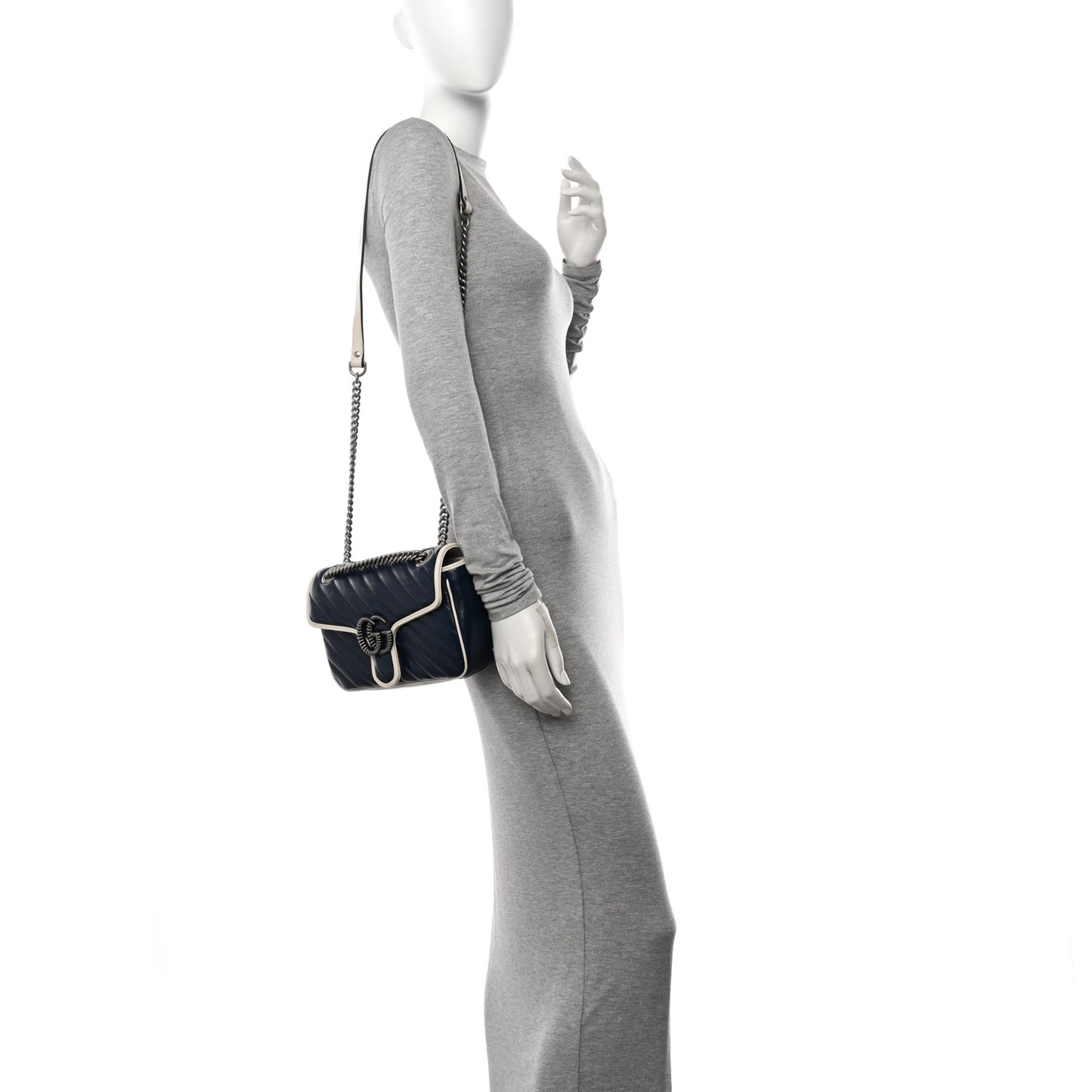 Vintage Effect Calfskin Matelasse Diagonal Small Torchon GG Marmont Shoulder Bag Blue Agata Mystic White