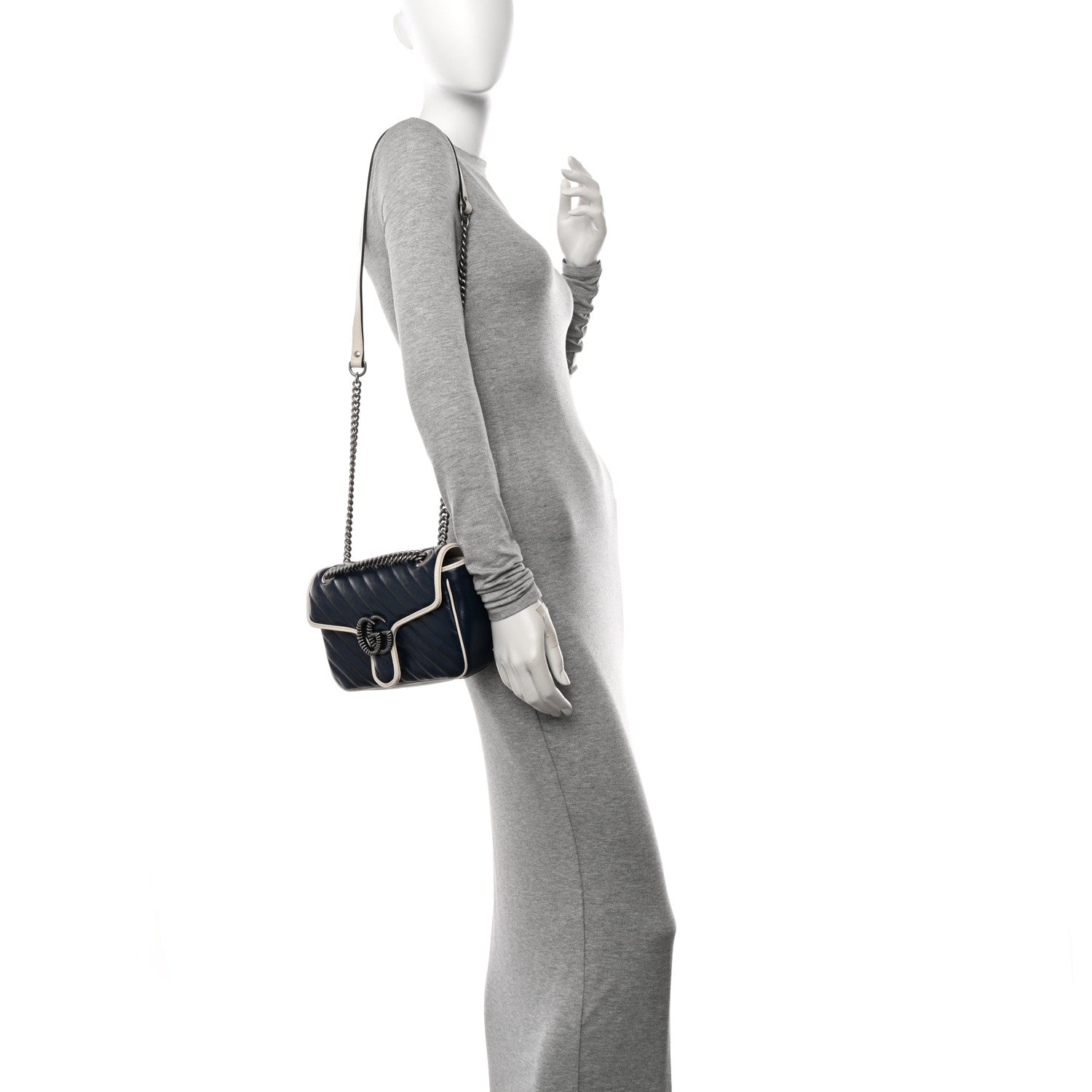 Gucci Vintage Effect Calfskin Matelasse Diagonal Small Torchon GG Marmont Shoulder Bag Blue Agata Mystic White 3 of 10