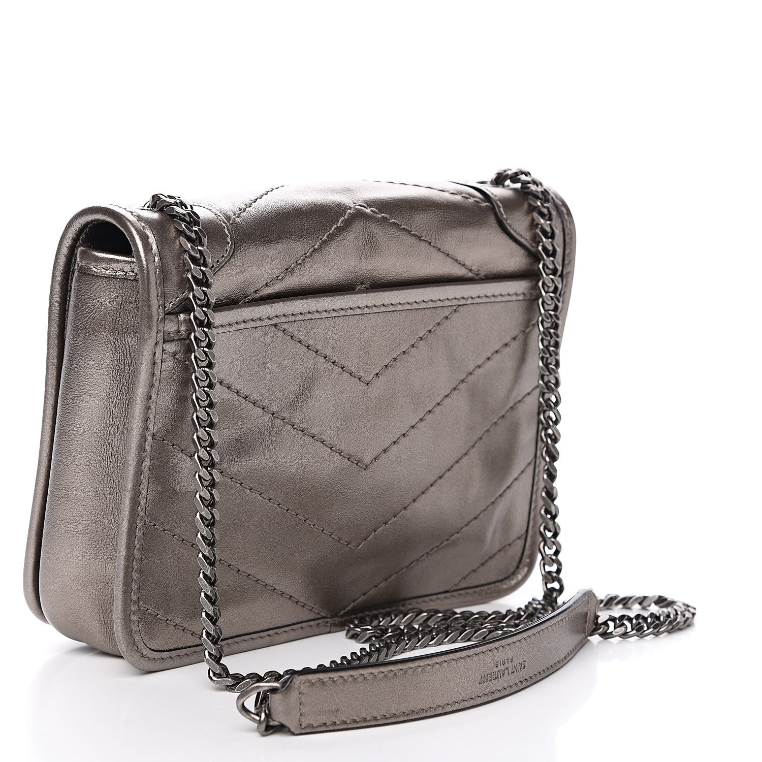 Saint Laurent Metallic Calfskin Matelasse Monogram Niki Chain Wallet Platinum 2 of 8