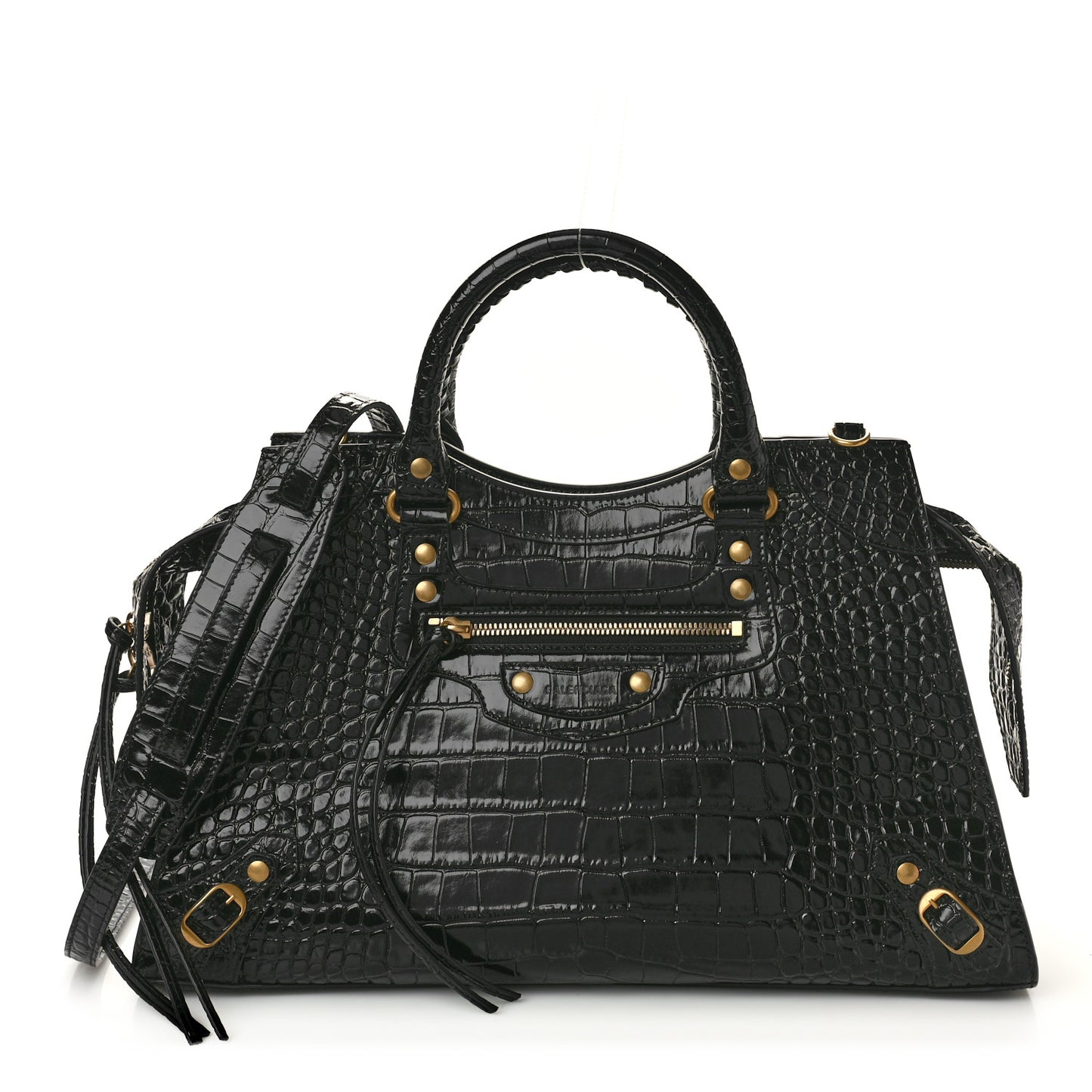 Shiny Supple Calfskin Crocodile Embossed Brass Hardware Neo Classic City Black