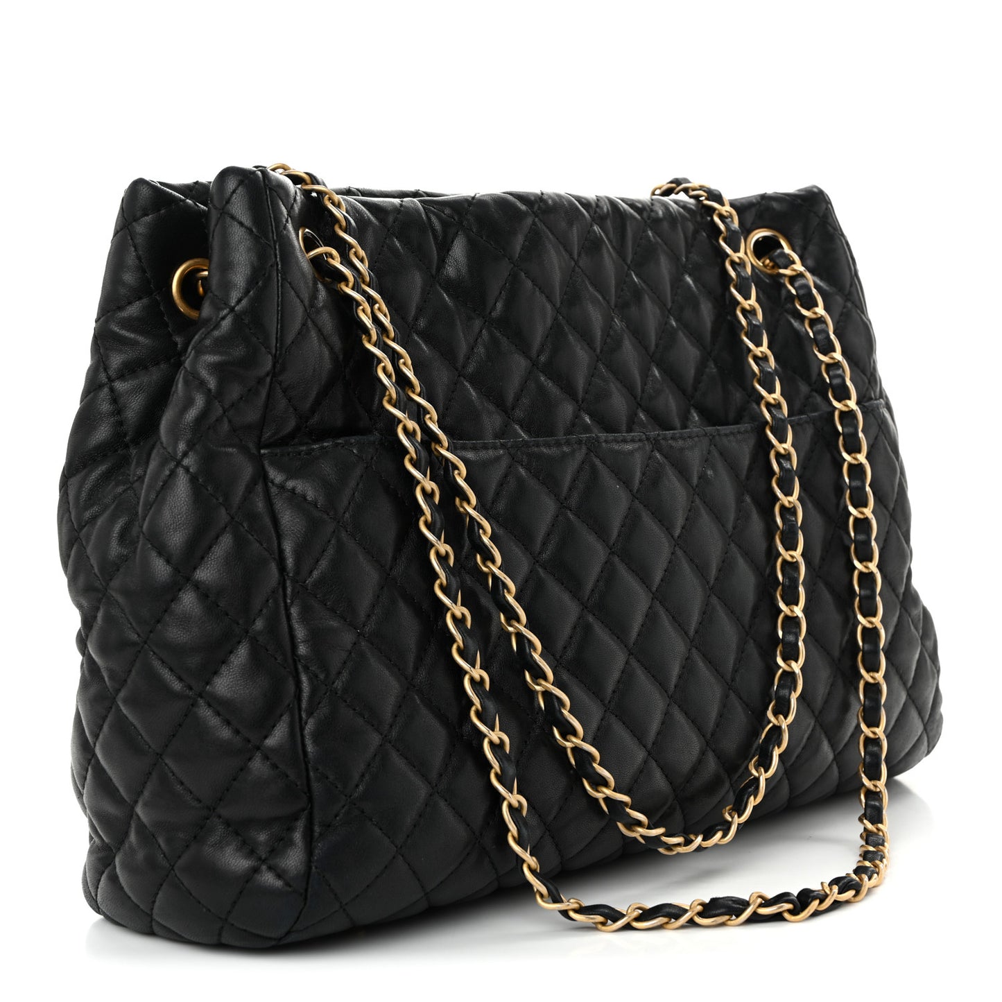 Lambskin Quilted Large Fluffy CC Shopping Tote Black