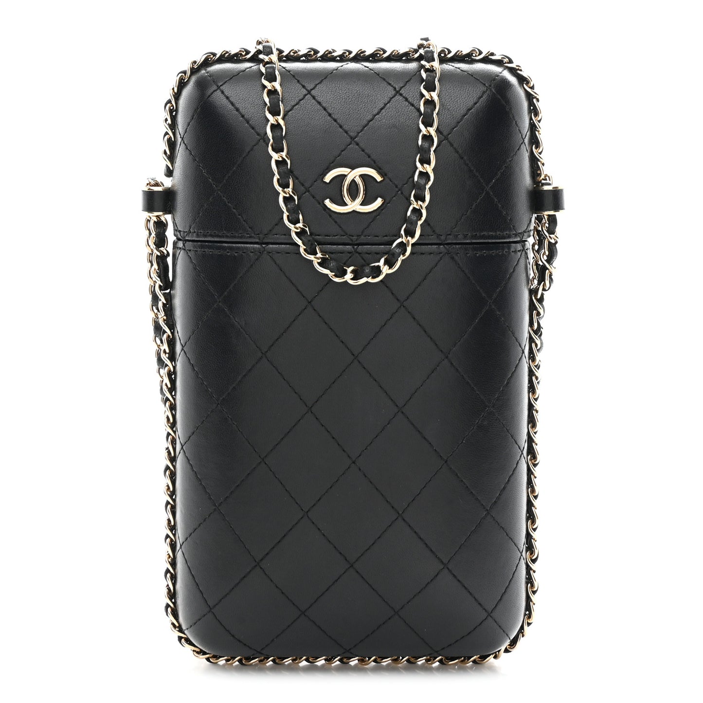Lambskin Quilted Chain Around Phone Holder Black