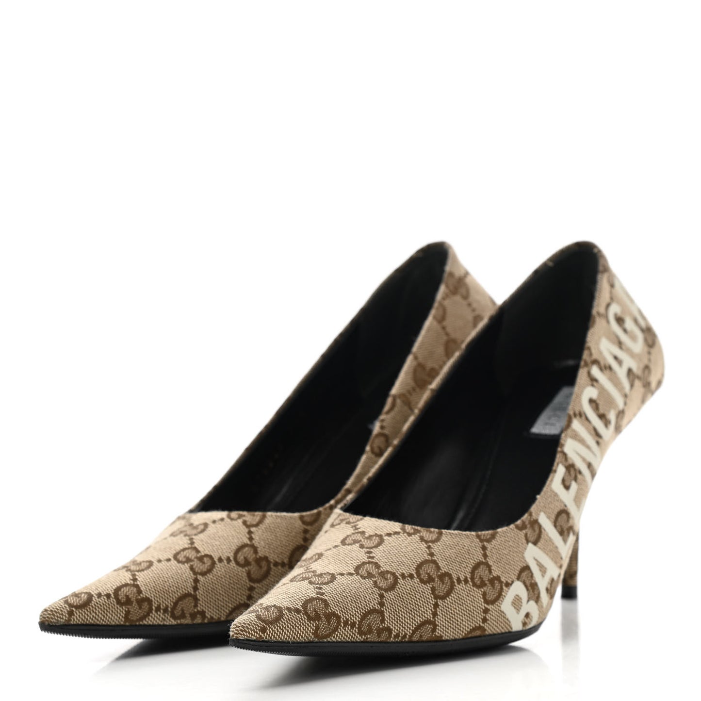 X GUCCI GG Monogram Square Knife 80mm Pumps 37.5 Beige Ebony