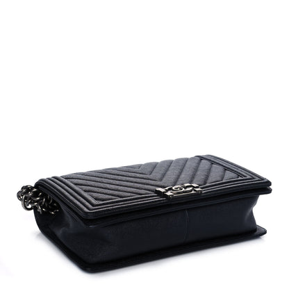 Chanel Caviar Chevron Quilted New Medium Boy Flap Dark Navy Blue 4 of 14