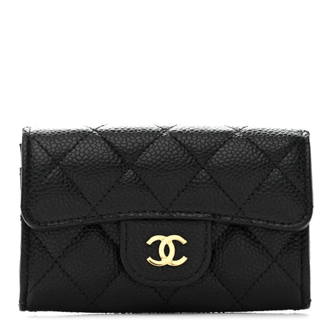Caviar Quilted Flap Card Holder Wallet Black