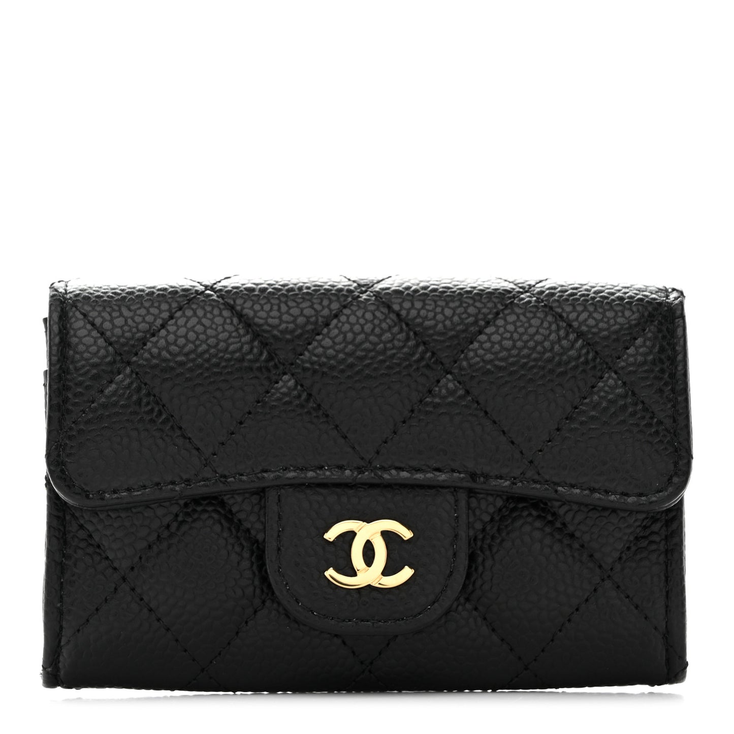 Caviar Quilted Flap Card Holder Wallet Black