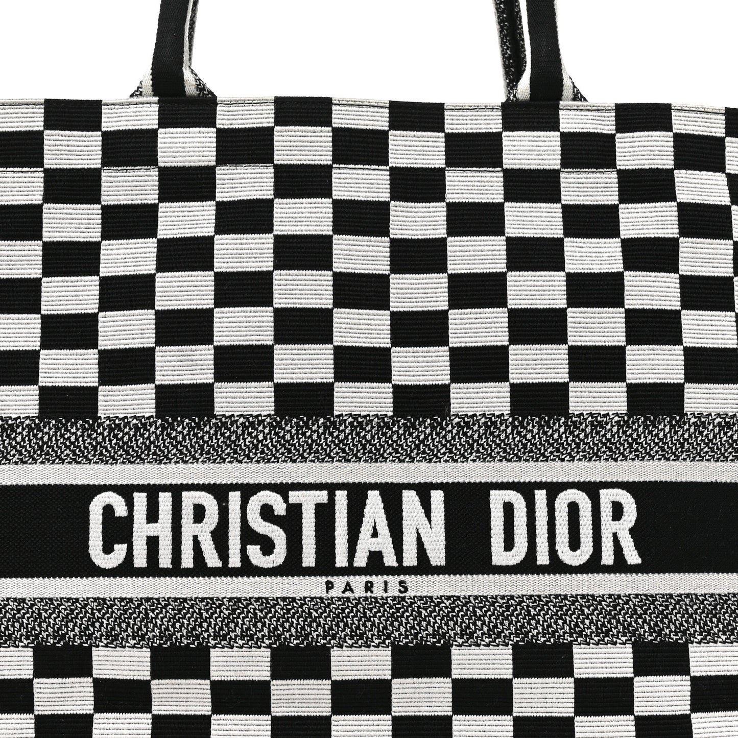 Canvas Embroidered Checkered Book Tote Black White