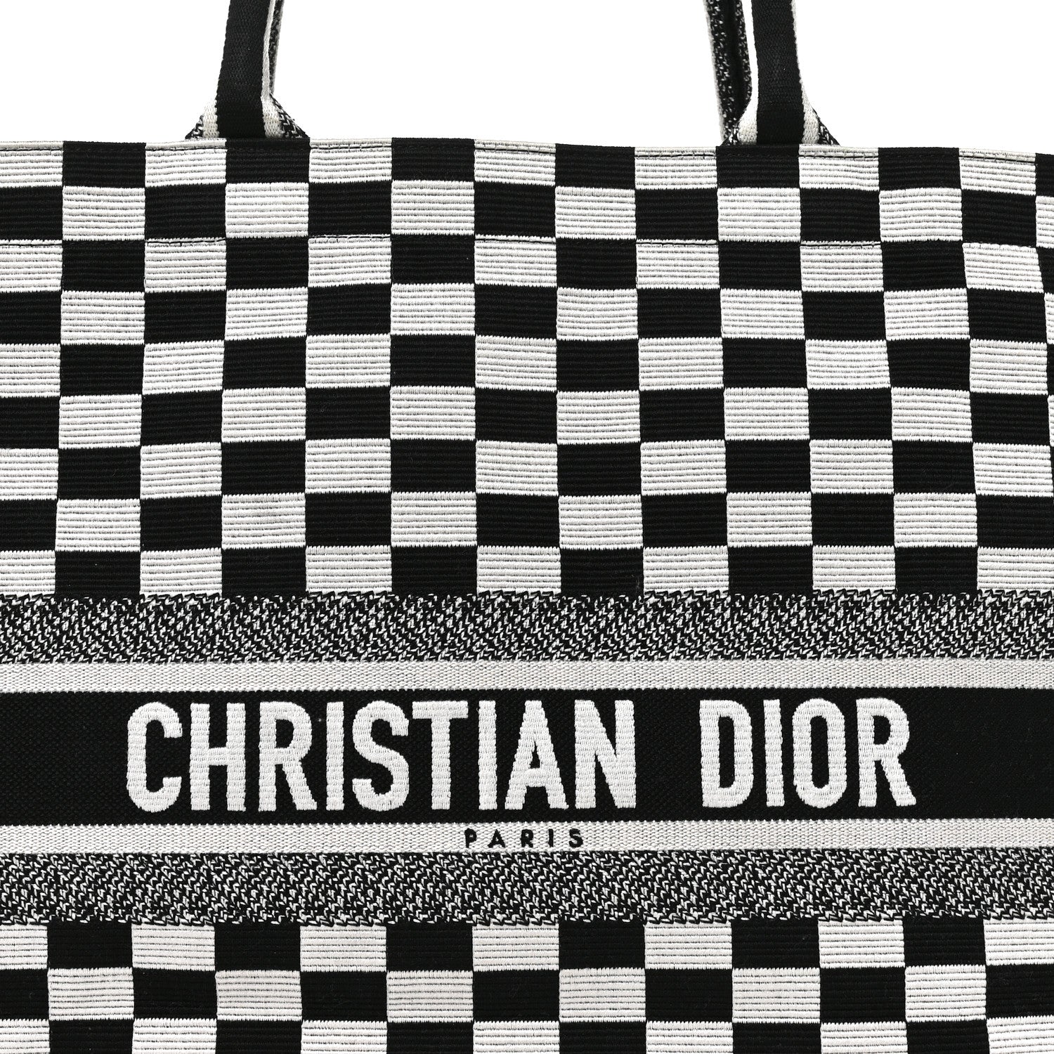 Christian Dior Canvas Embroidered Checkered Book Tote Black White 8 of 11
