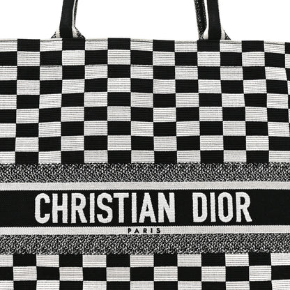 Christian Dior Canvas Embroidered Checkered Book Tote Black White 8 of 11