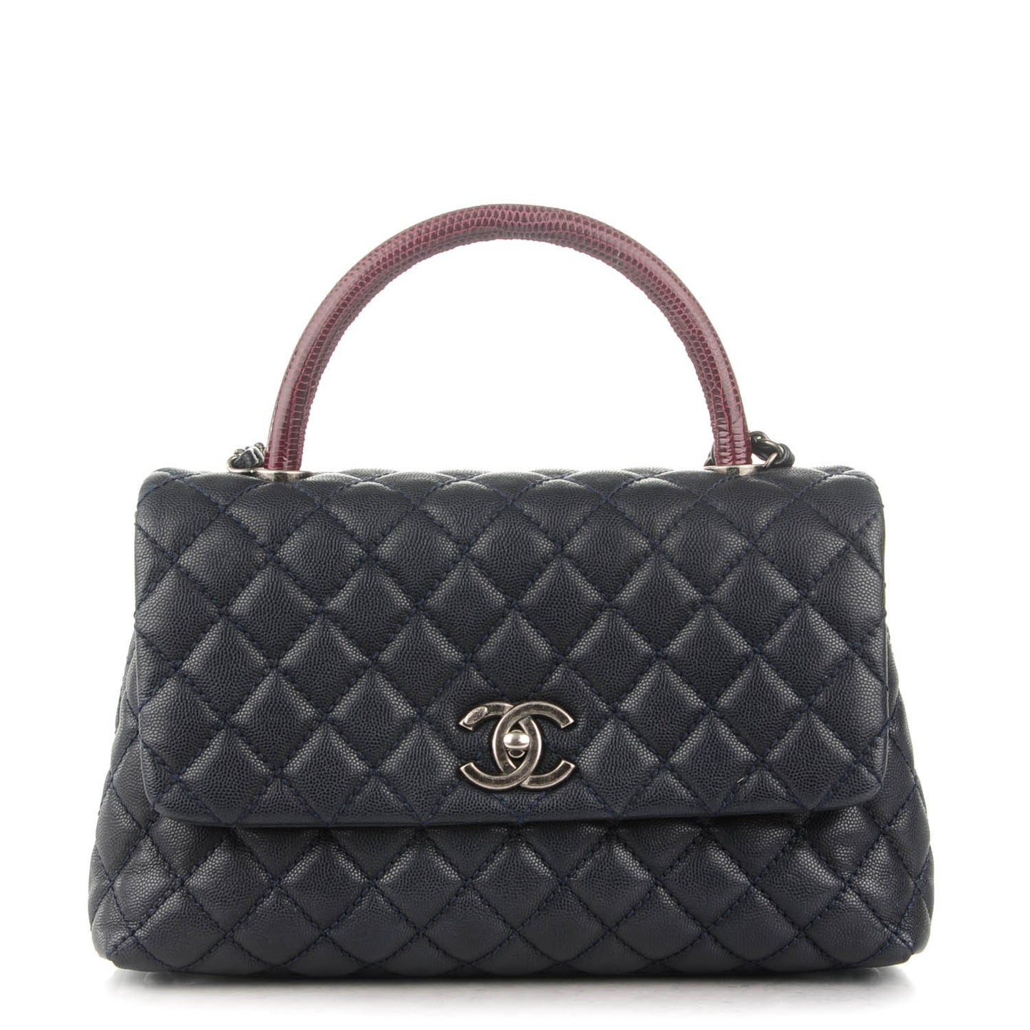Caviar Lizard Quilted Small Coco Handle Flap Navy