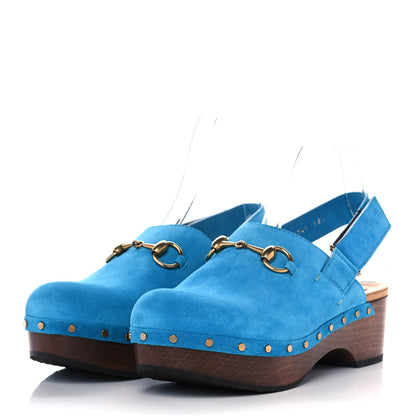 Gucci Suede Horsebit Amstel Slingback Clogs 38.5 New Bright Turquoise 3 of 10