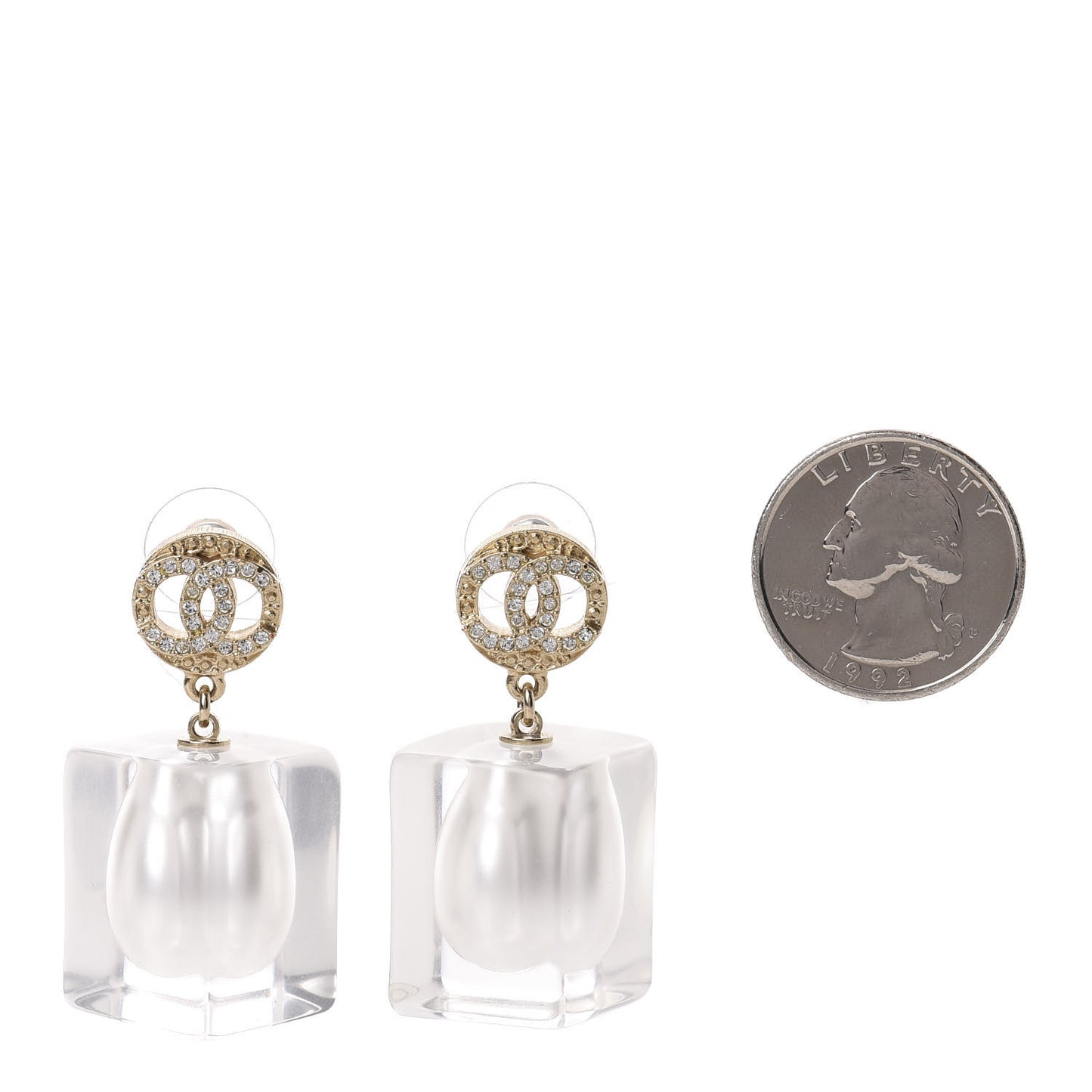 Crystal Lucite Pearl CC Drop Earrings Gold