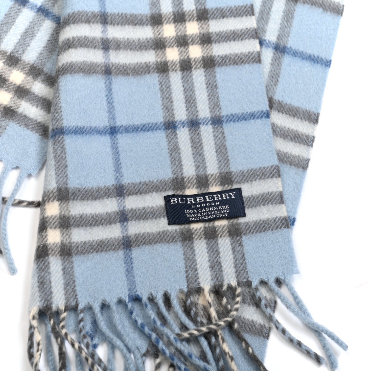 Burberry Wool Cashmere House Check Striped Fringe Scarf Blue Grey 3 of 4