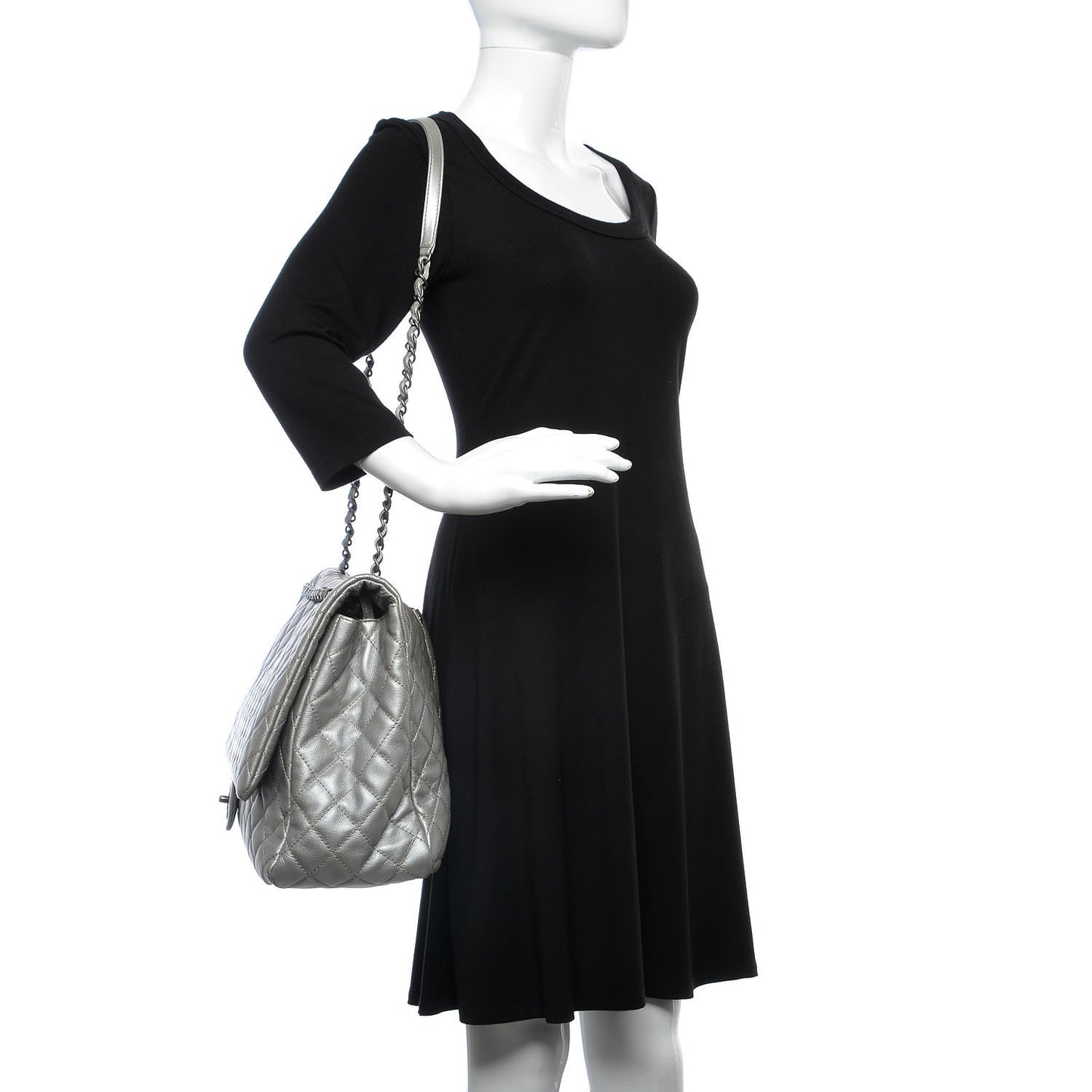 Metallic Calfskin Quilted XXL Travel Flap Bag Silver